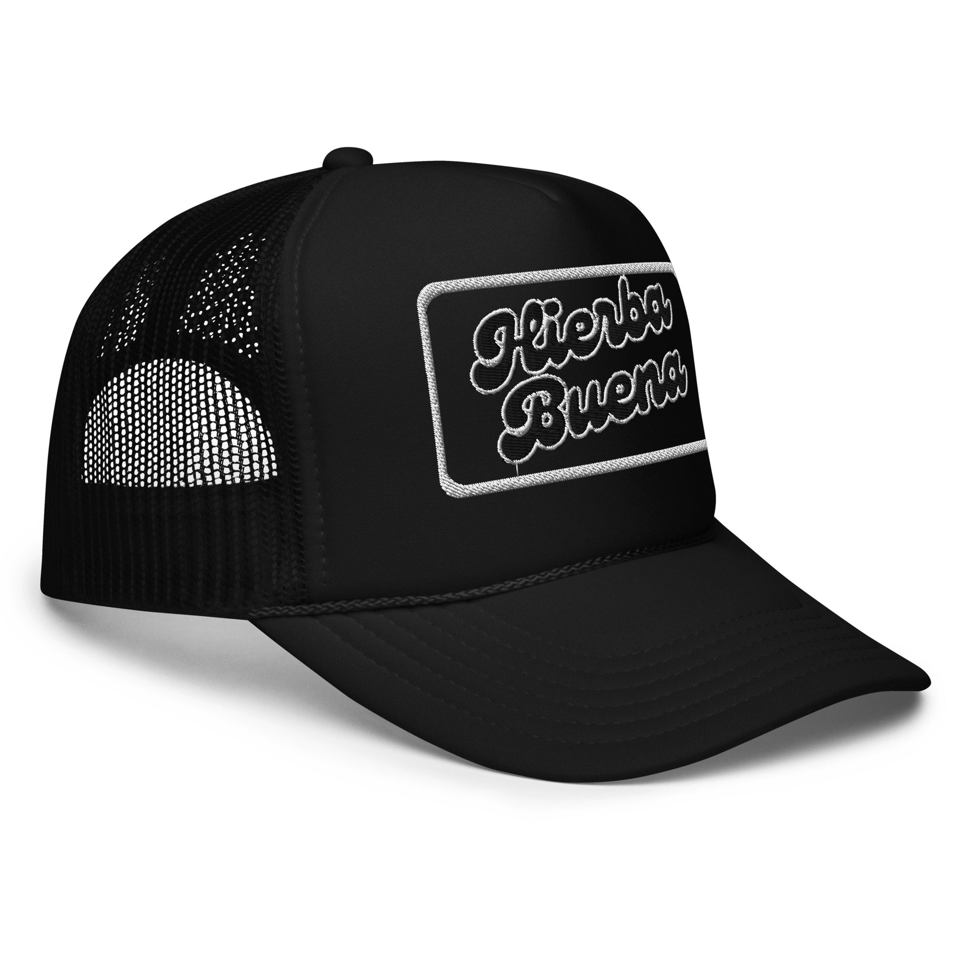 Hierba Buena Classic Foam Black Trucker Hat, side view.